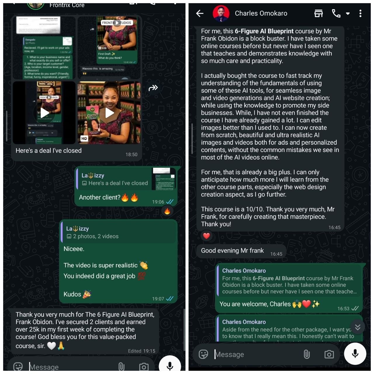 WhatsApp testimonials from Blueprint students Charles Omokaro and Lawizzy praising the 6-Figure AI Blueprint course