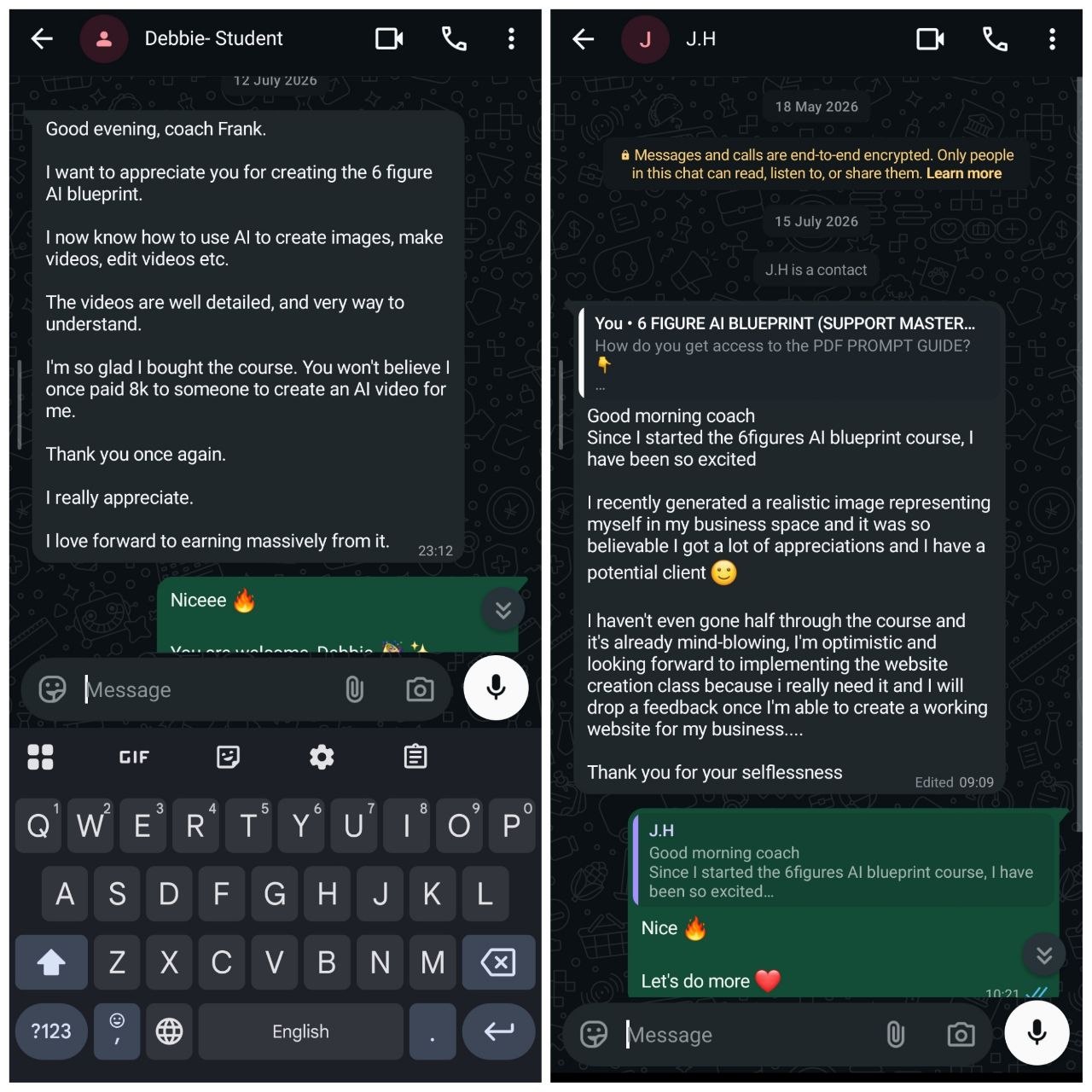 WhatsApp testimonials from Blueprint students Debbie and J.H thanking Frank Obidon for the 6-Figure AI Blueprint
